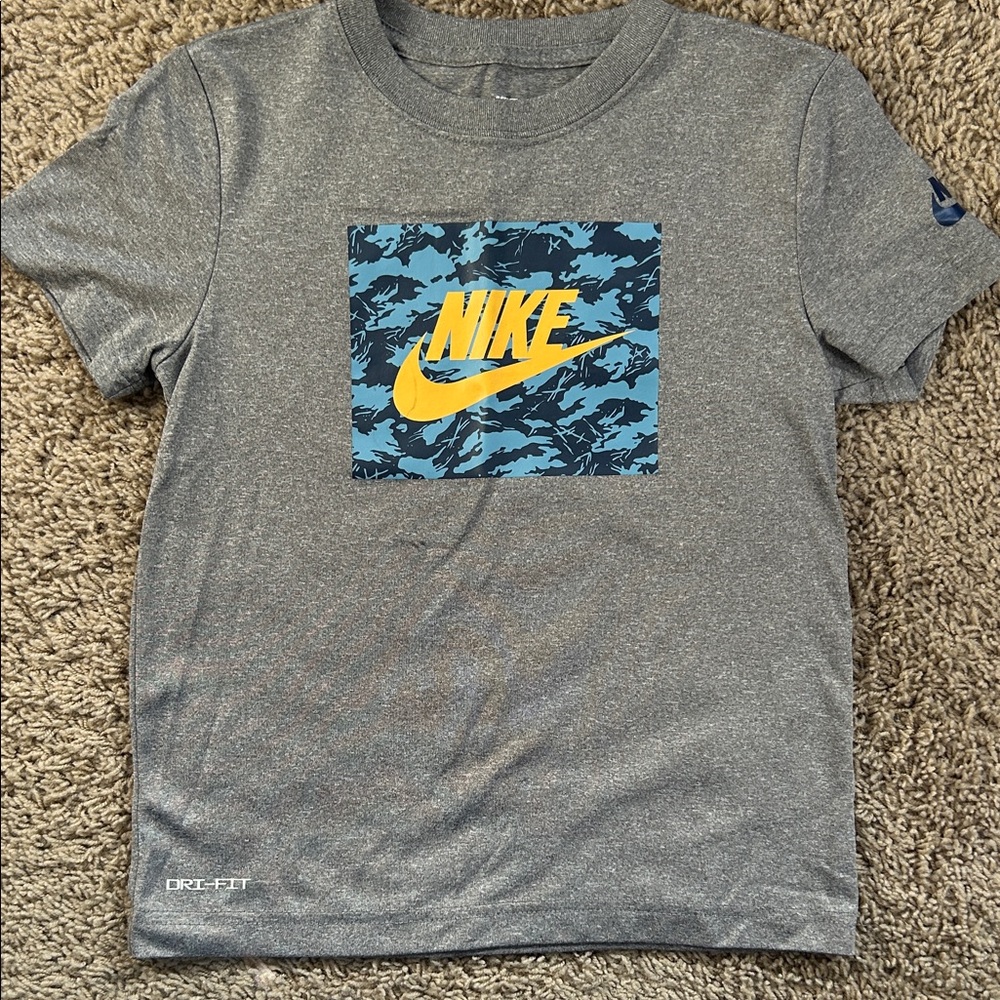 Nike Kids Gray Tee with Blue and Yellow Graphic
